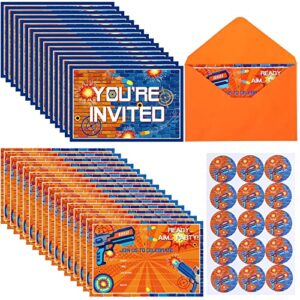 30 pcs dart war party invitations happy birthday invitation for boys dart war party favors boys birthday party cards with gun stickers dart game themed birthday party supplies 6 x 4 inches