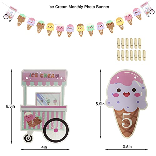 Ice Cream Monthly Photo Banner - Ice Cream 1st Birthday Monthly Banner Baby Girl 12 Month Photo Display Milestone Photograph Bunting Garland for Ice Cream First Birthday Party,Sweet One Summer Party