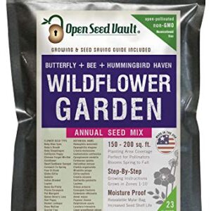 Variety Pack (23) of 64,000 Non GMO Wildflower Seeds for Bees, Hummingbird, Butterflies and Pollinators - with Growing Guide for Gardeners from Germination to Flowers - Bulk Seeds - by Open Seed Vault