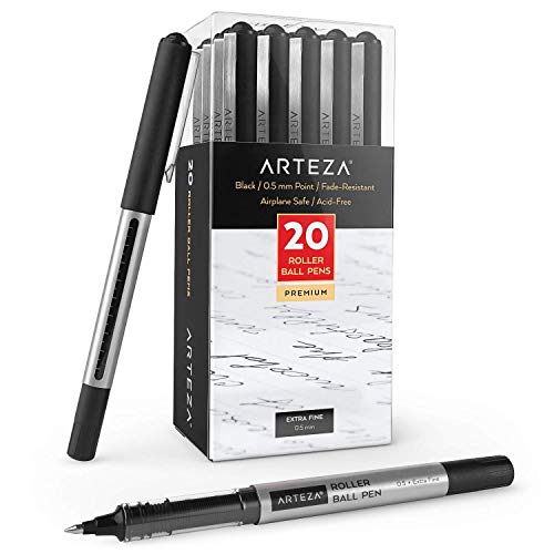 ARTEZA Rollerball Pens, Pack of 20, 0.5mm Black Liquid Ink Pens for Bullet Journaling, Fine Point Rollerball, Office Supplies for Writing, Taking Notes & Sketching