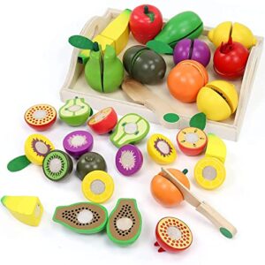 Wooden Play Food Sets for Kids Kitchen Accessories Cutting Montessori Toys for 2 Year Old Toddlers Pretend Play Fake Fruit Vegetable Egg Fillers Birthday Easter Gifts for 3 4 Years Girls Boys