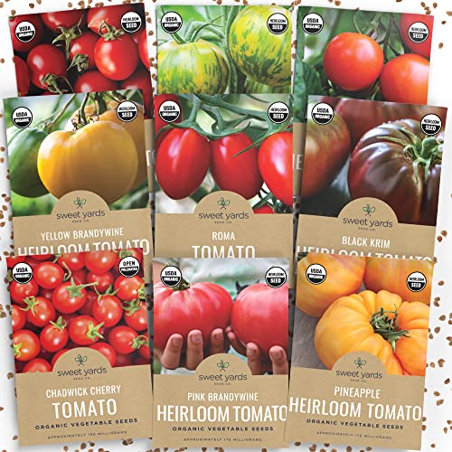 Organic Heirloom Tomato Seeds Variety Pack - 9 Seed Packets: Brandywine, Roma, Green Zebra, Pineapple, Chadwick Cherry, Black Krim and More