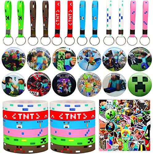 Cikisaa 86 PCS Mining Theme Video Game Party Favors Gift Set for Kids Boys, Mining Style Birthday Party Supplies Party Decorations, Include 12 Key Chains, 12 Bracelets, 12 Button Pins, 50 Stickers