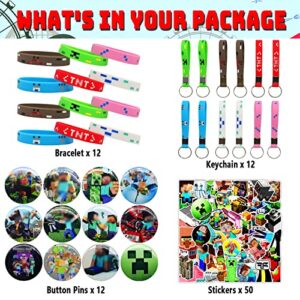 Cikisaa 86 PCS Mining Theme Video Game Party Favors Gift Set for Kids Boys, Mining Style Birthday Party Supplies Party Decorations, Include 12 Key Chains, 12 Bracelets, 12 Button Pins, 50 Stickers