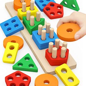 Montessori Toys for 1 to 3-Year-Old Boys Girls Toddlers, Wooden Sorting & Stacking Toys for Toddlers and Kids Preschool, Educational Toys, Color Recognition Stacker Shape Sorter, Learning Puzzles Gift