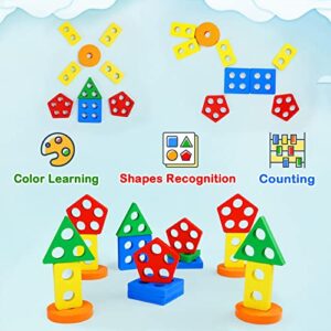 Montessori Toys for 1 to 3-Year-Old Boys Girls Toddlers, Wooden Sorting & Stacking Toys for Toddlers and Kids Preschool, Educational Toys, Color Recognition Stacker Shape Sorter, Learning Puzzles Gift