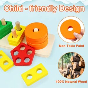 Montessori Toys for 1 to 3-Year-Old Boys Girls Toddlers, Wooden Sorting & Stacking Toys for Toddlers and Kids Preschool, Educational Toys, Color Recognition Stacker Shape Sorter, Learning Puzzles Gift