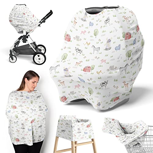 Sweet Jojo Designs Farm Animals Boy Girl Infant Baby Car Seat Cover Nursing Breastfeeding Shopping Cart Stroller Canopy Grey Red Black and White Gender Netural Watercolor Farmhouse Green Barn Horse