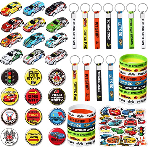 98 PCS Race Cars Party Favor Supplies Kit Racecar Birthday Themed Decoration Set with Mini Race Cars Toys Cartoon Transportation Stickers Keychain Wristband Bracelet Badge Pack for Boys Girls