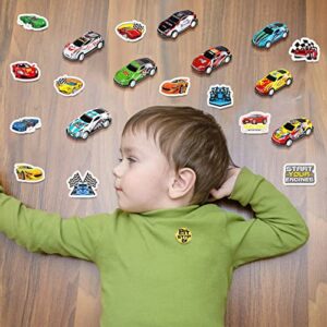 98 PCS Race Cars Party Favor Supplies Kit Racecar Birthday Themed Decoration Set with Mini Race Cars Toys Cartoon Transportation Stickers Keychain Wristband Bracelet Badge Pack for Boys Girls