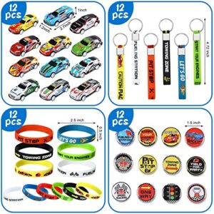 98 PCS Race Cars Party Favor Supplies Kit Racecar Birthday Themed Decoration Set with Mini Race Cars Toys Cartoon Transportation Stickers Keychain Wristband Bracelet Badge Pack for Boys Girls