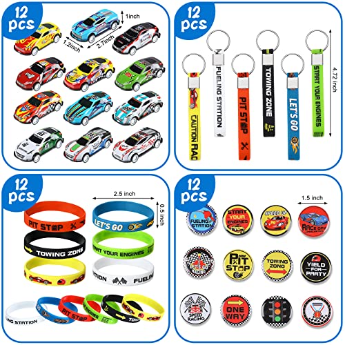 98 PCS Race Cars Party Favor Supplies Kit Racecar Birthday Themed Decoration Set with Mini Race Cars Toys Cartoon Transportation Stickers Keychain Wristband Bracelet Badge Pack for Boys Girls