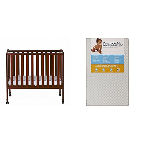 Dream On Me 2 in 1 Portable Folding Stationary Side Crib with Dream On Me 3 Portable Crib Mattress, White