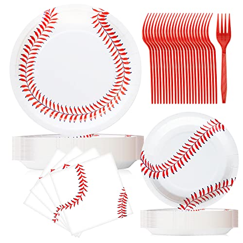 Baseball Party Favors Party Decorations, 96pcs Baseball Party Plates and Napkins Forks Baseball Themed Party Birthday Decorations Supplies For Boys Baby Shower Serves 24