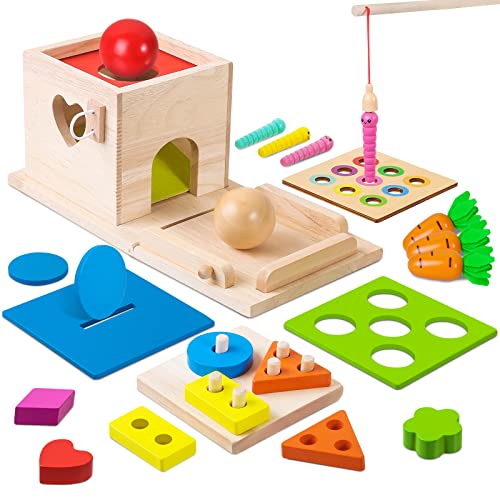 6-in-1 Wooden Play Kit Montessori Toy, Object Permanence Box, Coin Box, Carrot Harvest, Catch Worm, Shape Sorter - Toddler Learning Toy for Kid Age 1, 2, 3 Year Old, Girl boy Gift for Baby 6-12 Month