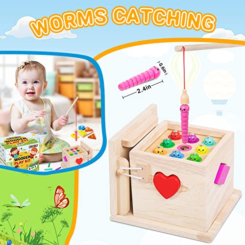 6-in-1 Wooden Play Kit Montessori Toy, Object Permanence Box, Coin Box, Carrot Harvest, Catch Worm, Shape Sorter - Toddler Learning Toy for Kid Age 1, 2, 3 Year Old, Girl boy Gift for Baby 6-12 Month