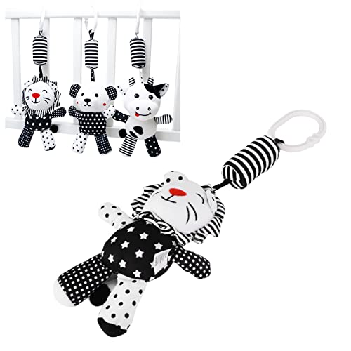 Baby Hanging Rattle Toys, Black and White Stripe Stroller Plush Wind Chimes Toys for Infants Car Bed Crib(Black and White Striped Lion Pendant)