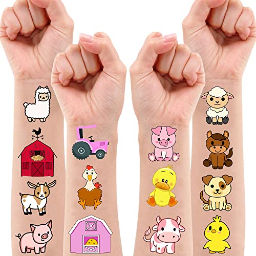 Pink Farm Barnyard Animal Temporary Tattoos Themed Birthday Party Supplies Decorations Favors Decor Cute Tattoo Sticker 8Sheets 96PCS Gifts for Kids Girls Boys School Prizes Rewards Carnival Christmas