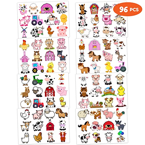 Pink Farm Barnyard Animal Temporary Tattoos Themed Birthday Party Supplies Decorations Favors Decor Cute Tattoo Sticker 8Sheets 96PCS Gifts for Kids Girls Boys School Prizes Rewards Carnival Christmas