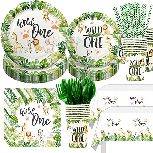 FVABO Wild One Birthday Decorations Tableware - Safari Birthday Decorations Including Plates, Cups, Napkins, Tablecloth, Straws, Cutlery, Animal Jungle Theme Wild One Party Supplies | Serve 24