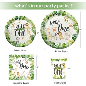 FVABO Wild One Birthday Decorations Tableware - Safari Birthday Decorations Including Plates, Cups, Napkins, Tablecloth, Straws, Cutlery, Animal Jungle Theme Wild One Party Supplies | Serve 24