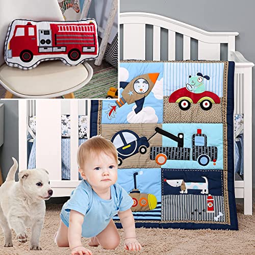 Brandream Boys Fire Truck Pillow & 3Pcs Cars Baby Crib Bedding Set with Patchwork Rocket Submarine