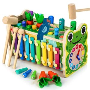 6 in 1 wooden montessori toys for 1 year old whack a mole game hammering pounding toy with xylophone carrot harvest game learning developmental toys toddler activities gift ages 1 2 3 4