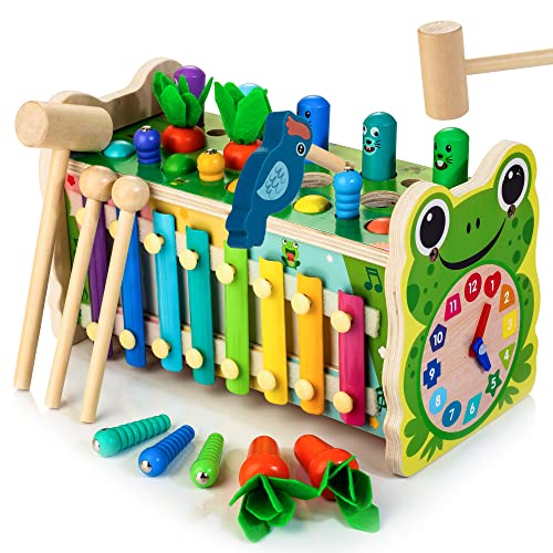 6 in 1 Wooden Montessori Toys for 1 Year Old Whack a Mole Game Hammering Pounding Toy with Xylophone Carrot Harvest Game Learning Developmental Toys Toddler Activities Gift Ages 1 2 3 4