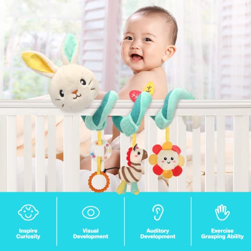 JERICETOY Baby Car Seat Toys 0-6 Months, Carseat Toys for Infants Stroller Toy Baby Spiral Plush Toys Hanging Crib Activity Toy for Crib Bed Stroller Car Seat, Hanging Rattle Toy