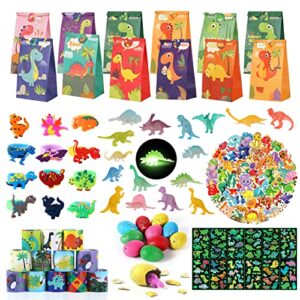 dinosaur birthday party supplies for 12 kids, dino gift bags party favors with dinosaur eggs that hatch, mini dinosaur figures grown in dark , slap bracelets, rubber rings and tattoos stickers for dino themed party gifts, goodie treat bags fillers