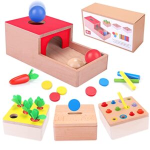 ancaixin montessori wooden toys for 1 year old baby, 4 for 1 set with object permanence box, coin bank, color matching stickers and carrot harvest game, educational gifts for 6 months up