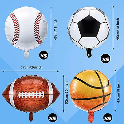 20 Pieces Sports Foil Balloon Set, Baseball Balloons Football Balloons Basketball Balloons Soccer Balloons Metallic Mylar Balloons Sports Game Balloons for Boy Baby Shower Birthday Sports Themed Party