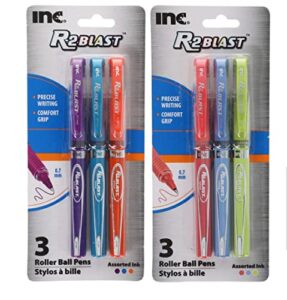scbs r2 blast precise writing colorful roller ball pens set: 6 colorful roller comfort grip ball pens assorted between a pack of purple, blue,orange and a pack of blue, pink, and lime 0.7mm