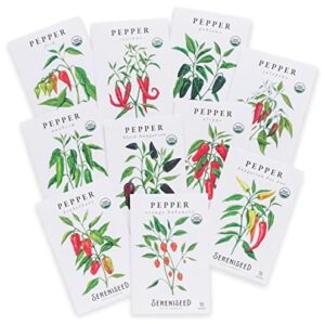 Sereniseed Certified Organic Hot Pepper Seeds Collection (10-Pack) – 100% Non GMO, Open Pollinated – Grow Guide