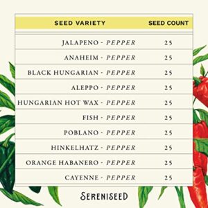 Sereniseed Certified Organic Hot Pepper Seeds Collection (10-Pack) – 100% Non GMO, Open Pollinated – Grow Guide