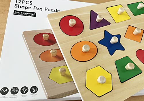 Dailyfunn Montessori Toy Shape Peg Puzzles Baby Puzzle 12-18-24 Months with Knob for Infant-Toddlers 1-3