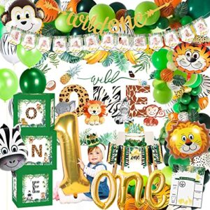 hipeewo wild one birthday decorations - jungle theme party supplies for first birthday, balloons garland arch, high chair banner, balloon boxes, backdrop, crown, animal safari 1st birthday decorations