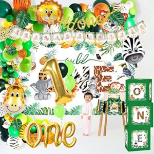 HIPEEWO Wild One Birthday Decorations - Jungle Theme Party Supplies for First Birthday, Balloons Garland Arch, High Chair Banner, Balloon Boxes, Backdrop, Crown, Animal Safari 1st Birthday Decorations