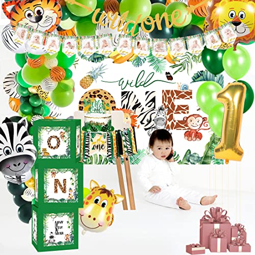 HIPEEWO Wild One Birthday Decorations - Jungle Theme Party Supplies for First Birthday, Balloons Garland Arch, High Chair Banner, Balloon Boxes, Backdrop, Crown, Animal Safari 1st Birthday Decorations