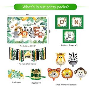 HIPEEWO Wild One Birthday Decorations - Jungle Theme Party Supplies for First Birthday, Balloons Garland Arch, High Chair Banner, Balloon Boxes, Backdrop, Crown, Animal Safari 1st Birthday Decorations