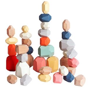 bestamtoy 36 pcs wooden sorting stacking rocks balancing stones,educational preschool learning montessori toys, building blocks game for kids 1 2 3 4 5 6 years boy and girl birthday for kids