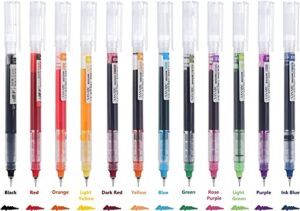 jinja brands liquid ink rolling ball stick pens, extra fine point (0.5mm) rollerball pens, fine tip 12-pack multi-color quick drying ink pen for coloring writing office home supplies