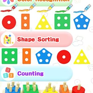 Yetonamr Montessori Toys for 1 2 3 Years Old Boys Girls, Wooden Sorting & Stacking Toys for Toddlers and Kids Baby, Color Recognition Shape Sorter Gift Educational Learning Toy Puzzles Ages 1-3