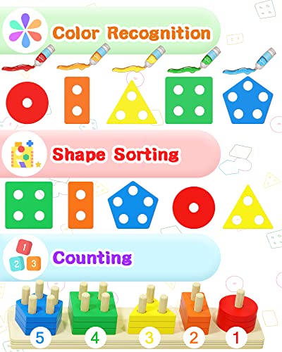 Yetonamr Montessori Toys for 1 2 3 Years Old Boys Girls, Wooden Sorting & Stacking Toys for Toddlers and Kids Baby, Color Recognition Shape Sorter Gift Educational Learning Toy Puzzles Ages 1-3