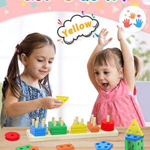 Yetonamr Montessori Toys for 1 2 3 Years Old Boys Girls, Wooden Sorting & Stacking Toys for Toddlers and Kids Baby, Color Recognition Shape Sorter Gift Educational Learning Toy Puzzles Ages 1-3