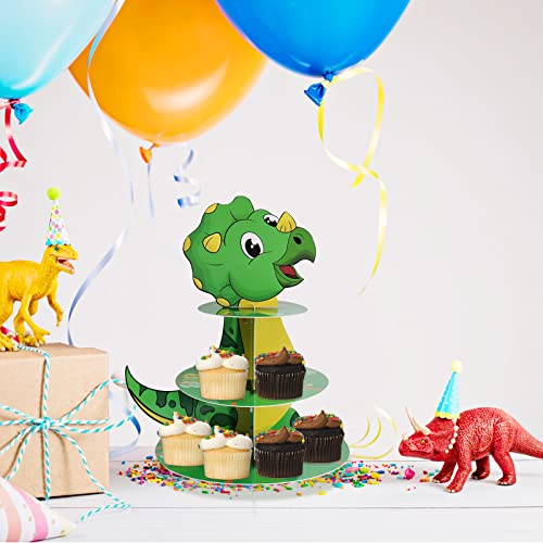 Dinosaur Cupcake Stand 3 Tier, Dinosaur Birthday Party Decorations for Kids Boys,Cute Dinosaur Triceratop Dessert Tower, Dinosaur Theme Party Supplies