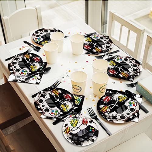 gisgfim 96 Pcs Video Game Party Plates and Napkins Party Supplies Gaming Party Tableware Set Watercolor Video Game Party Decorations Favors for Birthday Baby Shower for 24 Guests