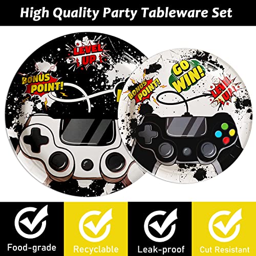 gisgfim 96 Pcs Video Game Party Plates and Napkins Party Supplies Gaming Party Tableware Set Watercolor Video Game Party Decorations Favors for Birthday Baby Shower for 24 Guests