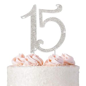 15 cake topper - premium silver metal - 15th birthday or anniversary party - sparkly rhinestone quinceanera cake topper decoration makes a great centerpiece - now protected in a box
