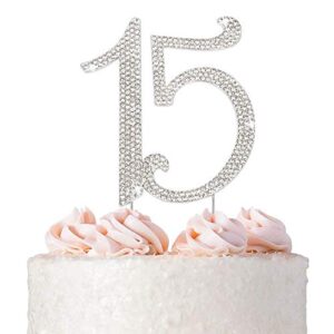 15 Cake Topper - Premium Silver Metal - 15th Birthday or Anniversary Party - Sparkly Rhinestone Quinceanera Cake Topper Decoration Makes a Great Centerpiece - Now Protected in a Box